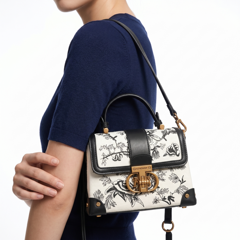 Floral Top Handle Bag 👜🌸 Black & White