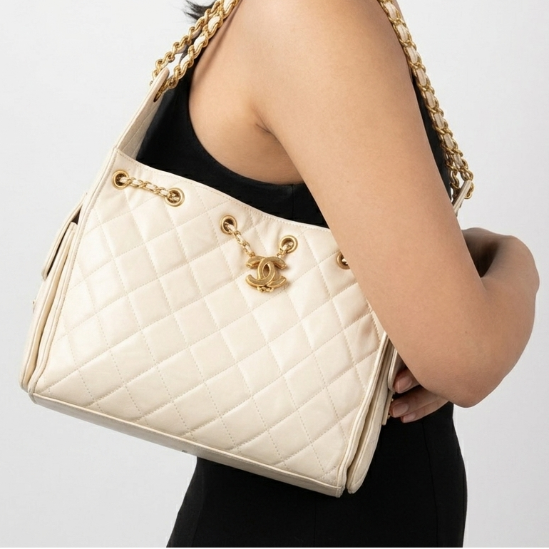 Chanel Quilted Denim and Leather Hobo Bag with Gold Chain Accent 👜✨💎