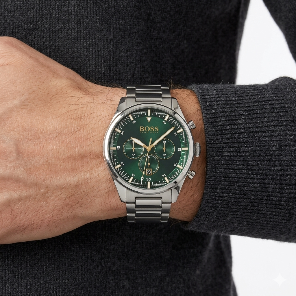 Boss Green & Silver Watch ⌚🟢 Elegant Timepiece