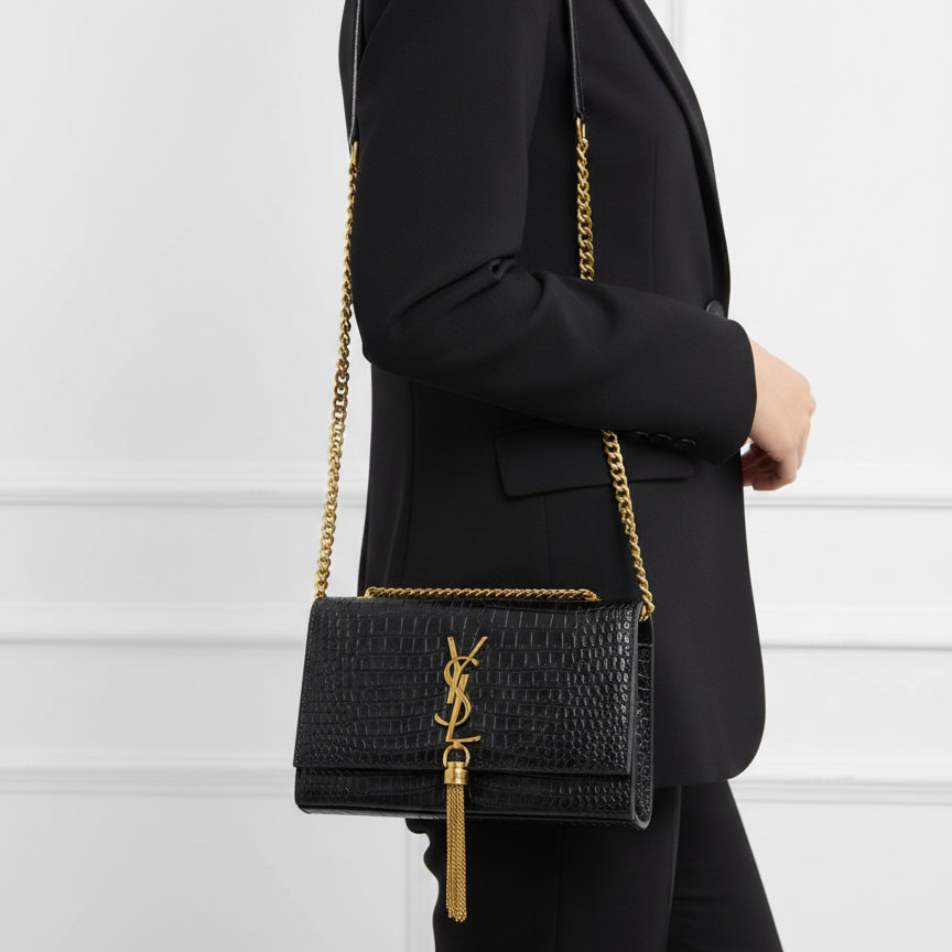 Saint Laurent Kate Tassel Shoulder Bag in Black Crocodile Embossed Leather 🖤✨👜