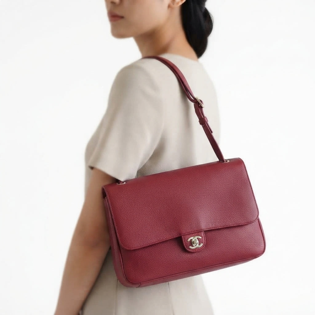 Chanel Crimson Leather Shoulder Bag with Gold Tone Hardware