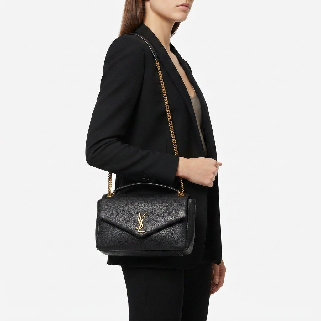 Y.S.L Textured Leather Chain Bag in Black