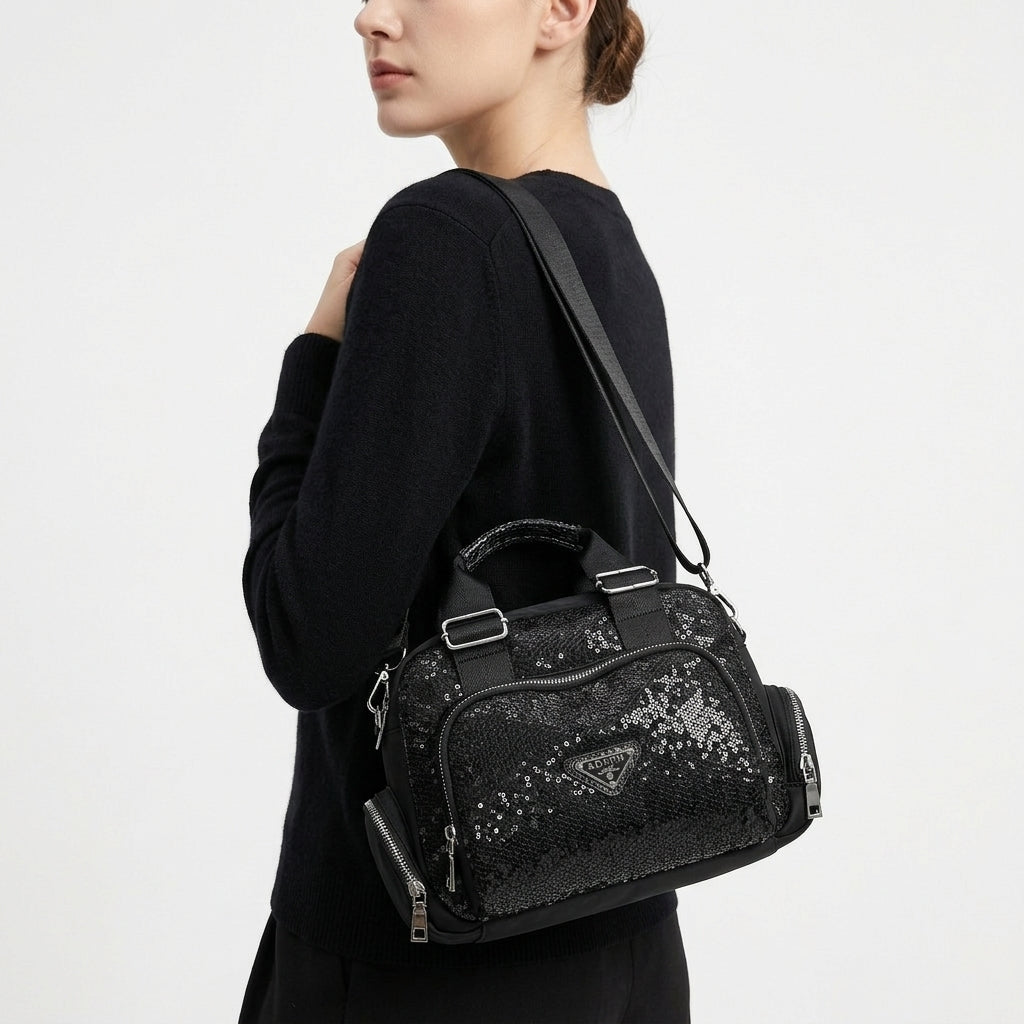 ADAPR Sequin Nylon Crossbody Bag in Sleek Black