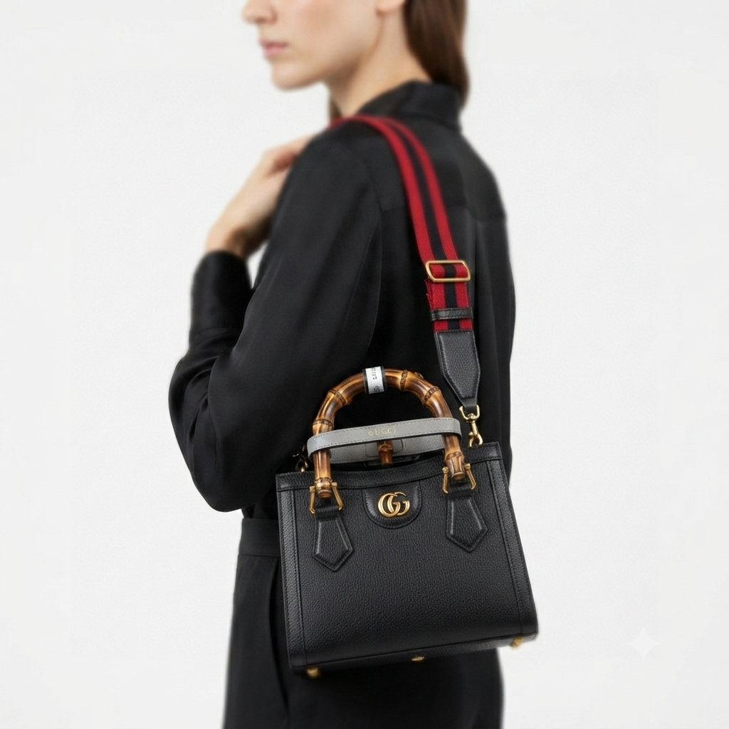 Gucci Bamboo Handle Leather Bag with Striped Strap 👜✨