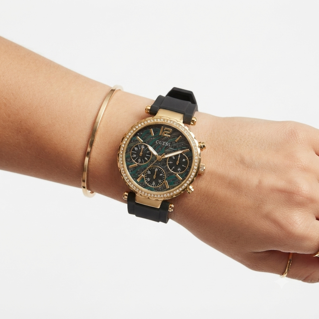 Guess Gold Tone Green Patterned Dial Watch with Silicone Strap ⌚✨