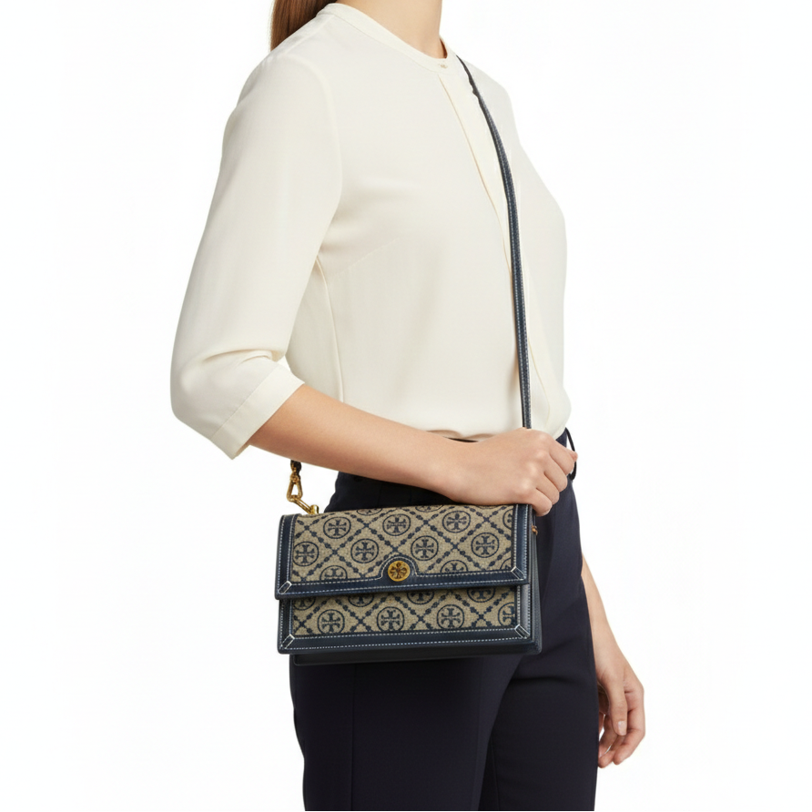 Tory Burch T-Monogram Jacquard Wallet on Chain in Navy Blue 👜✨💙