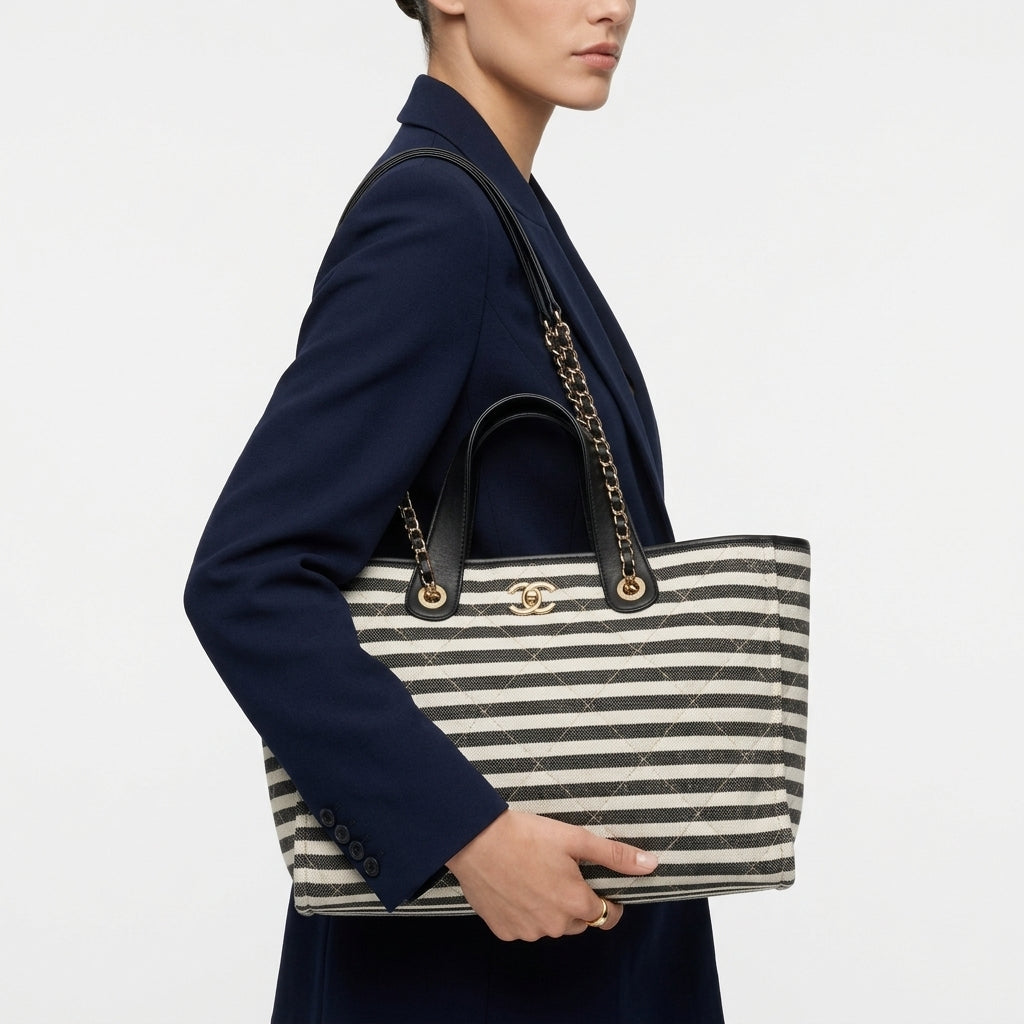 Chanel Striped Canvas and PU Leather Mirror Tote Bag