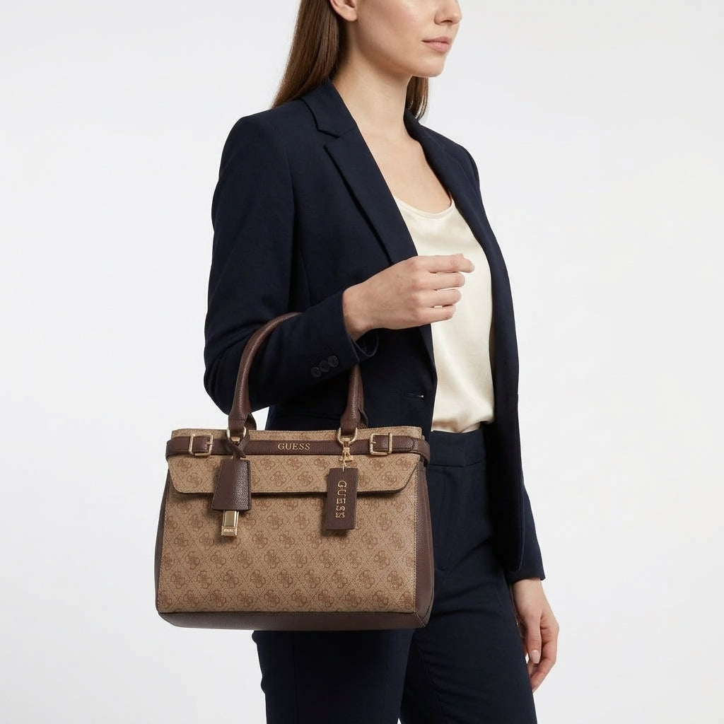 Guess Signature Monogram Black Handbag with Gold Tone Accents