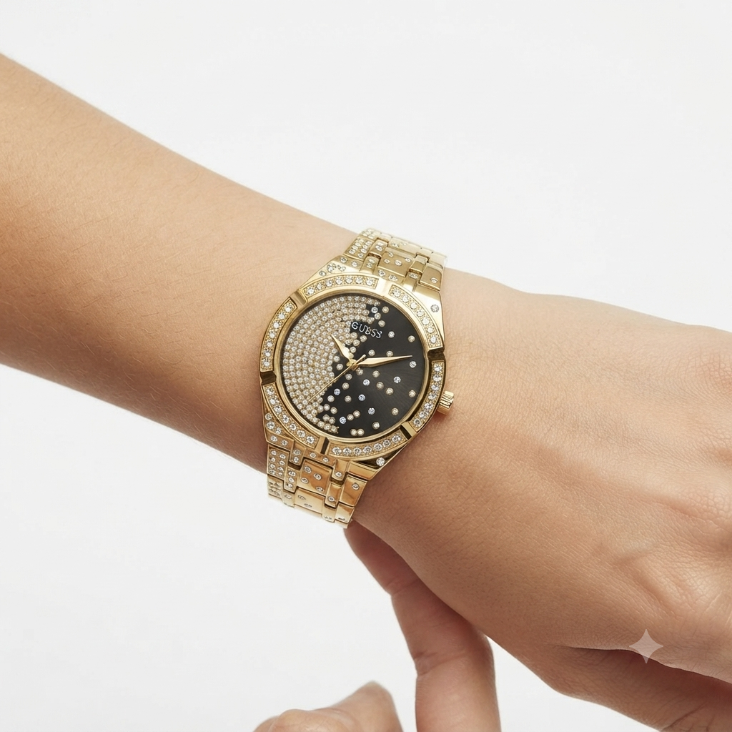 Guess Gold Tone Crystal Embellished Statement Watch