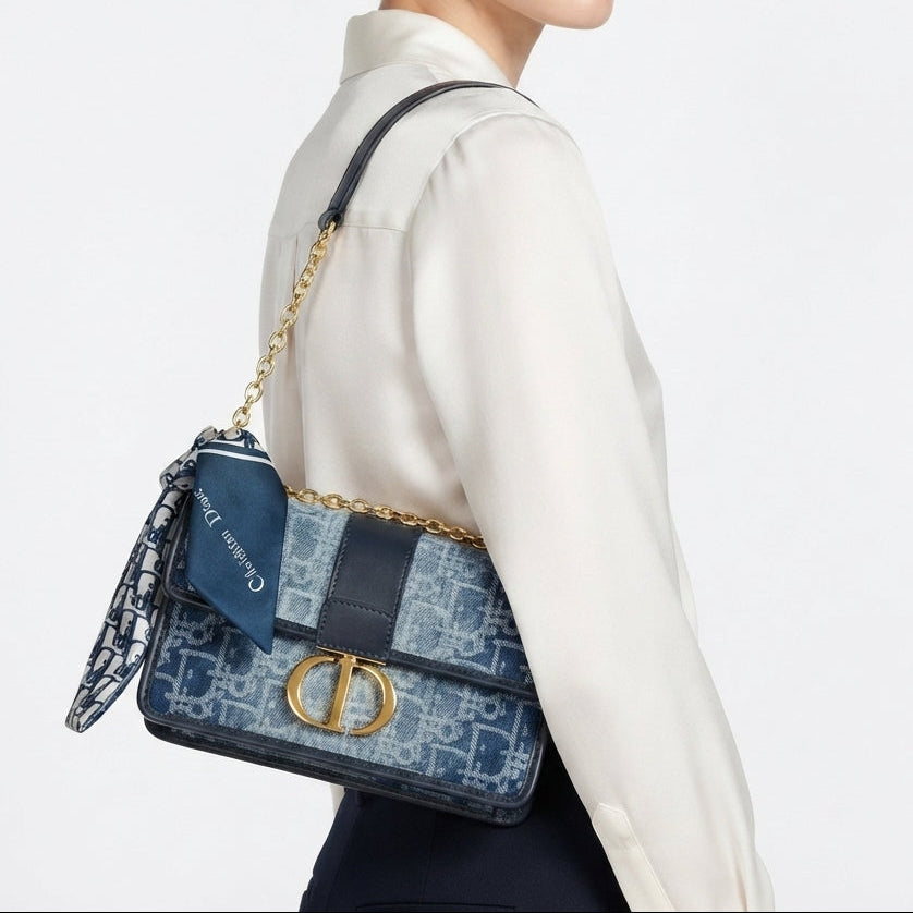 Christian Dior Denim Oblique Bag with Gold Tone Hardware