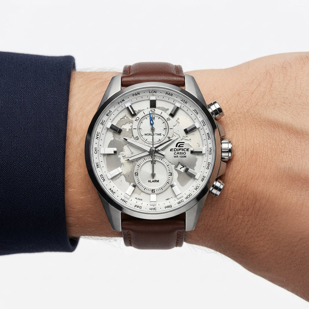 Casio Edifice World Time Watch with Brown Leather Strap