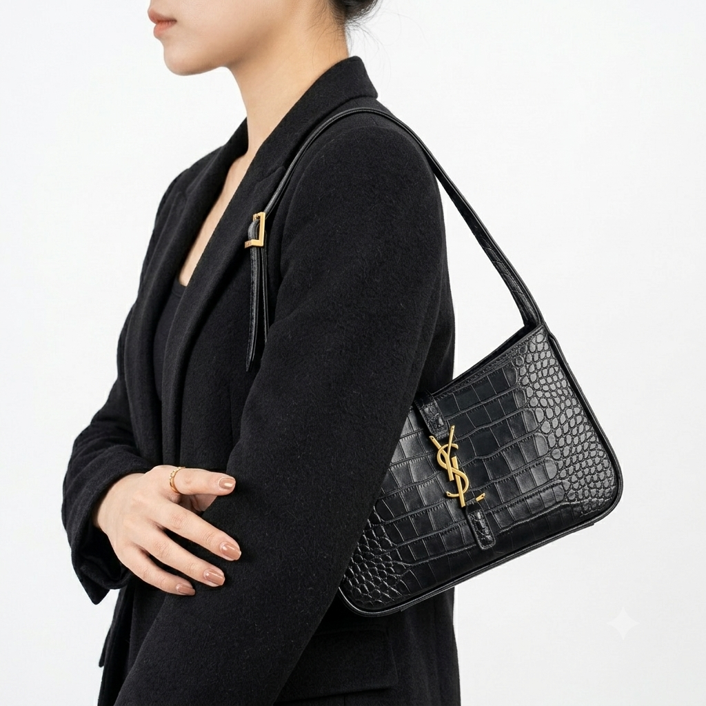 Saint Laurent Crocodile Embossed Leather Shoulder Bag in Black 🖤