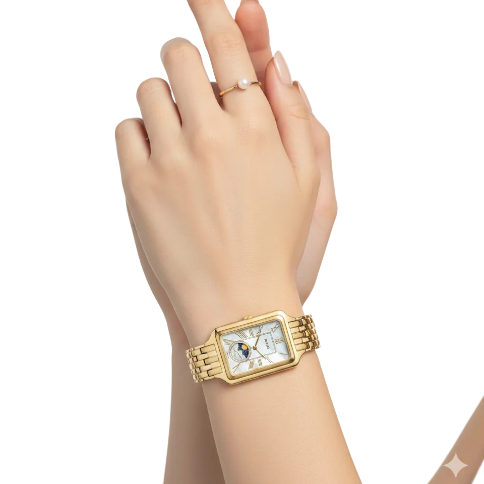 Fossil Gold-Tone Rectangular Women's Watch with Mother-of-Pearl Sun & Moon Dial 👑🕰️✨