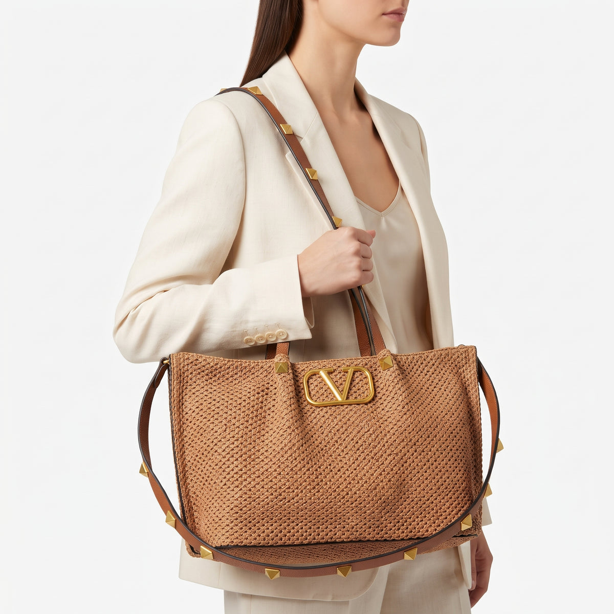 Valentino Large Woven Tote with Gold Tone Hardware