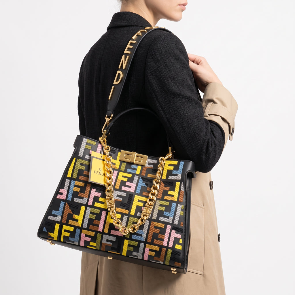 Multicolor Monogram Structured Handbag with Gold Chain Strap