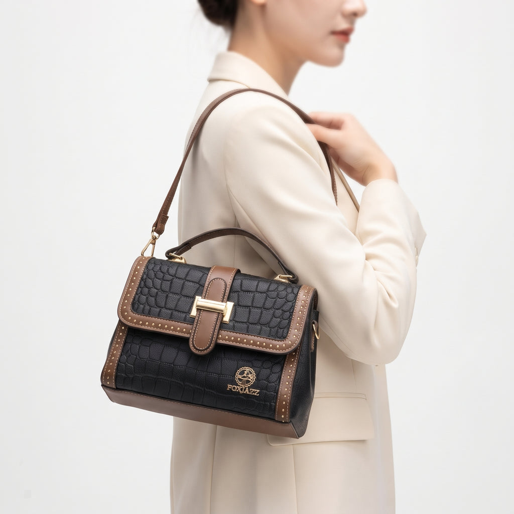 Foxjazz Crocodile Pattern Studded Crossbody Bag