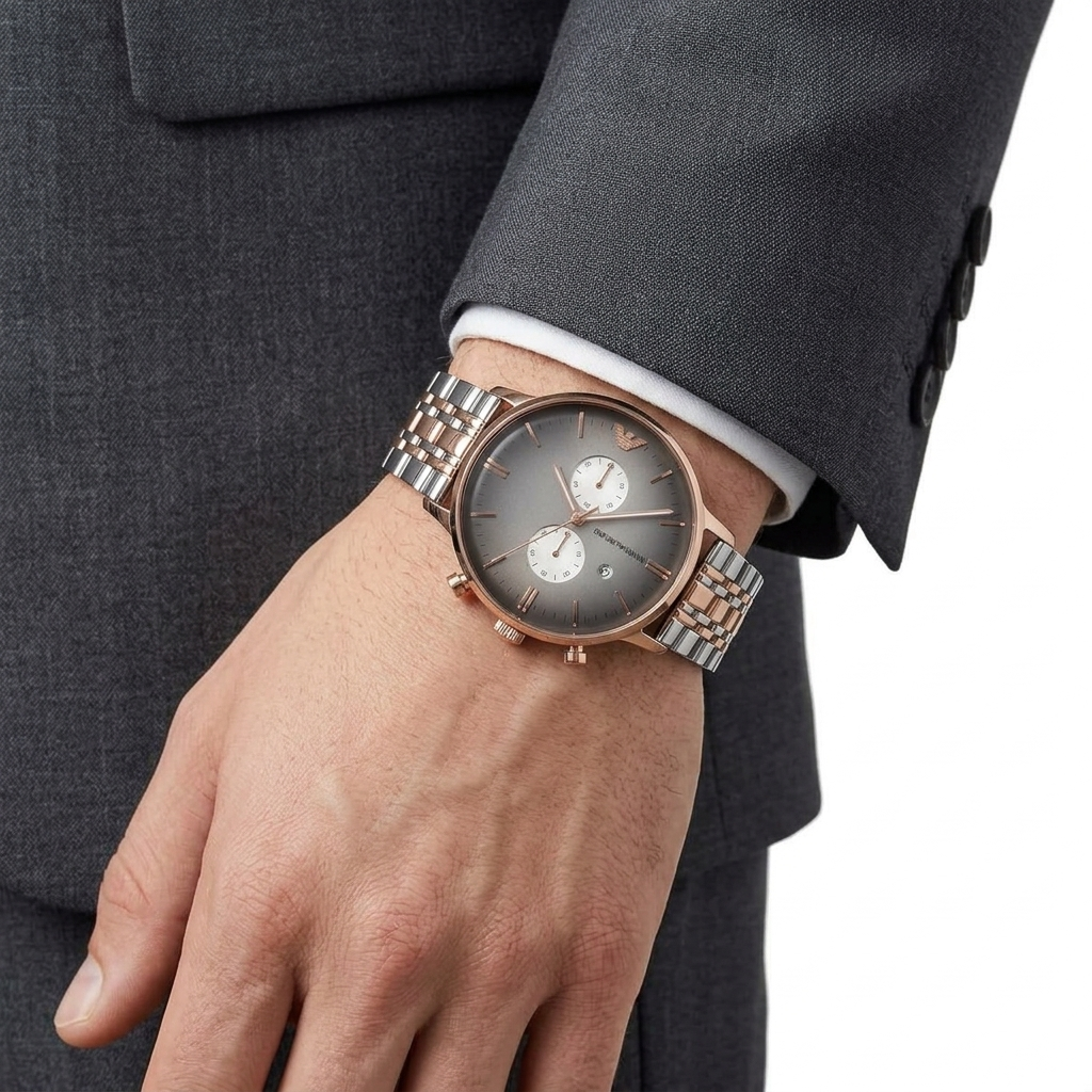 Emporio Armani Two Tone Chronograph Watch in Rose Gold and Silver ⌚✨💼