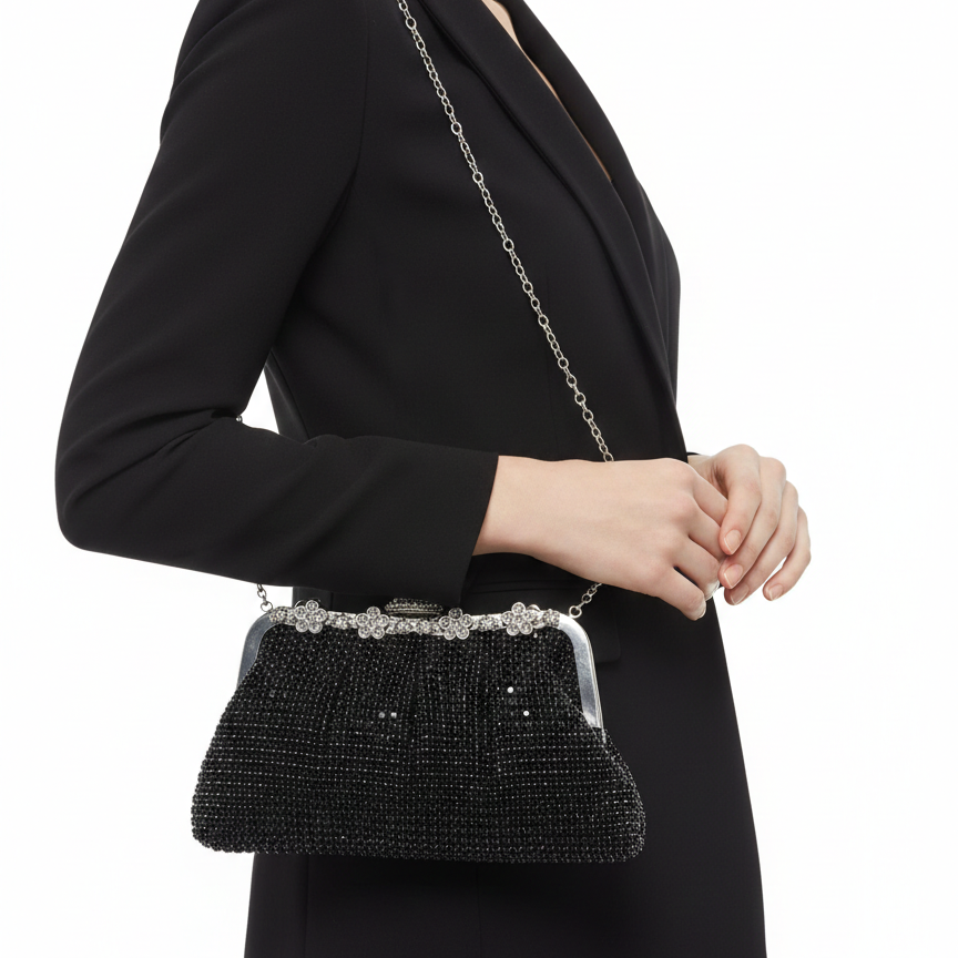Sparkling Black Crystal Floral Frame Clutch Bag 💎✨👜