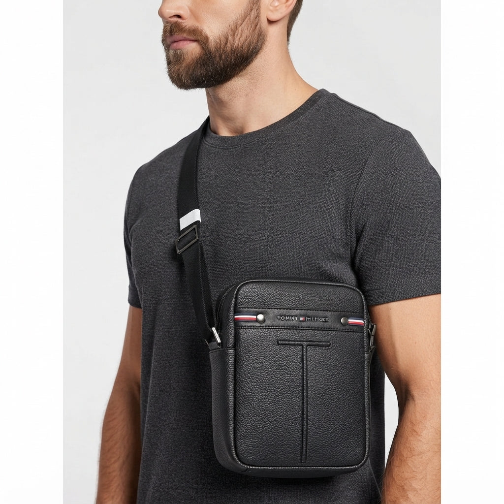 Tommy Hilfiger Textured Faux Leather Signature Stripe Crossbody Bag