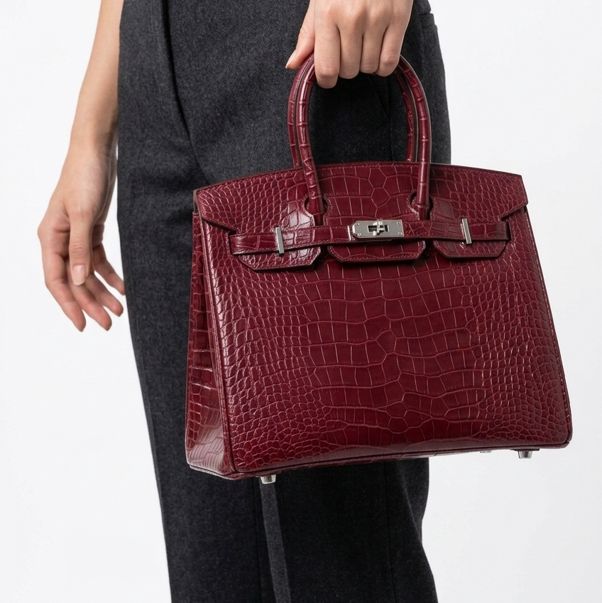 Hermes Crocodile Pattern Handbag Set with Matching Wallet and Belt 👜✨🍷