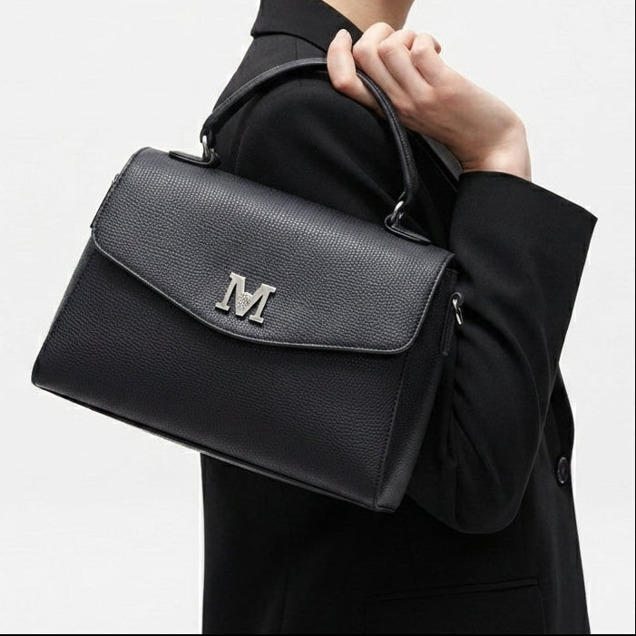 M-Logo Textured Structured Top Handle Handbag