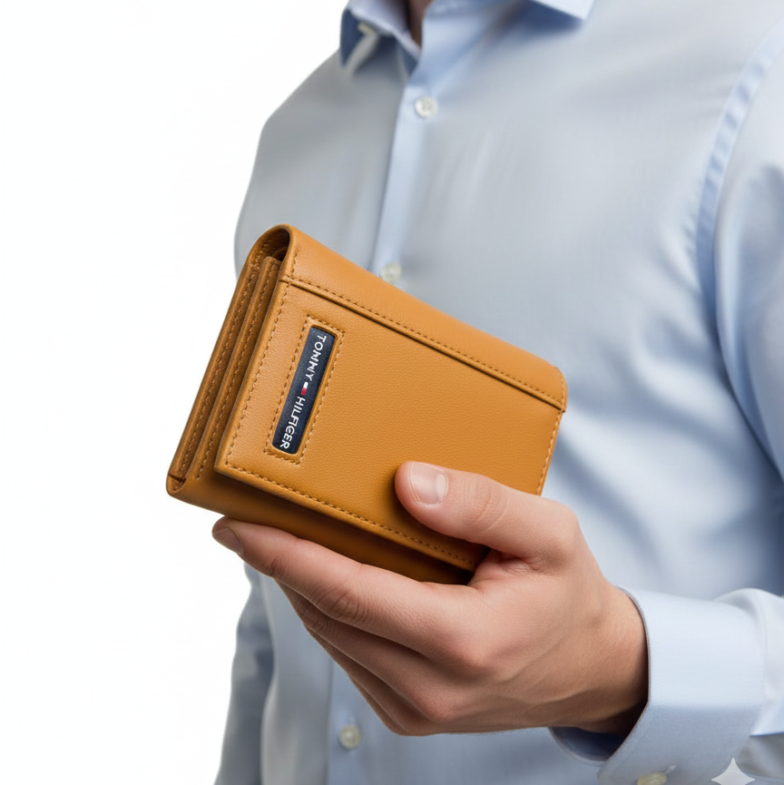 Tommy Hilfiger Tan Leather Tri-fold Wallet with Signature Logo 💼 👔 ✨