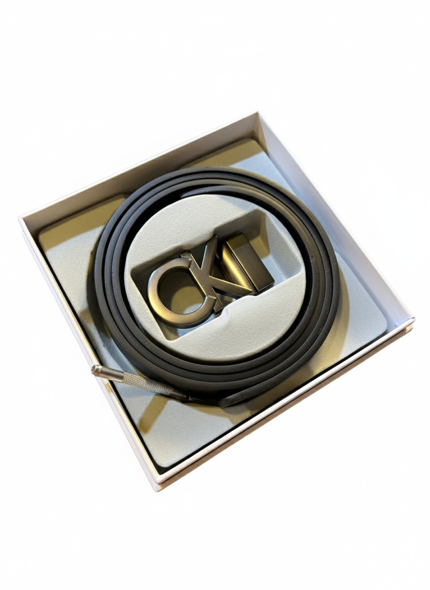Calvin Klein Signature CK Logo Black Leather Belt with Dark Gold Buckle ✨🔑🎁