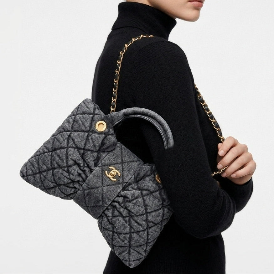 Chanel 25K Denim Quilted Bow Handbag