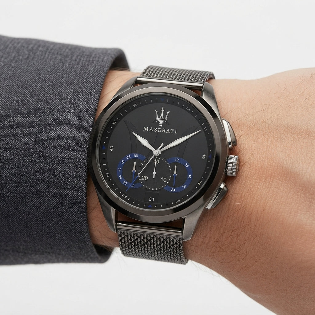 Maserati Chronograph Watch with Black Dial and Mesh Strap