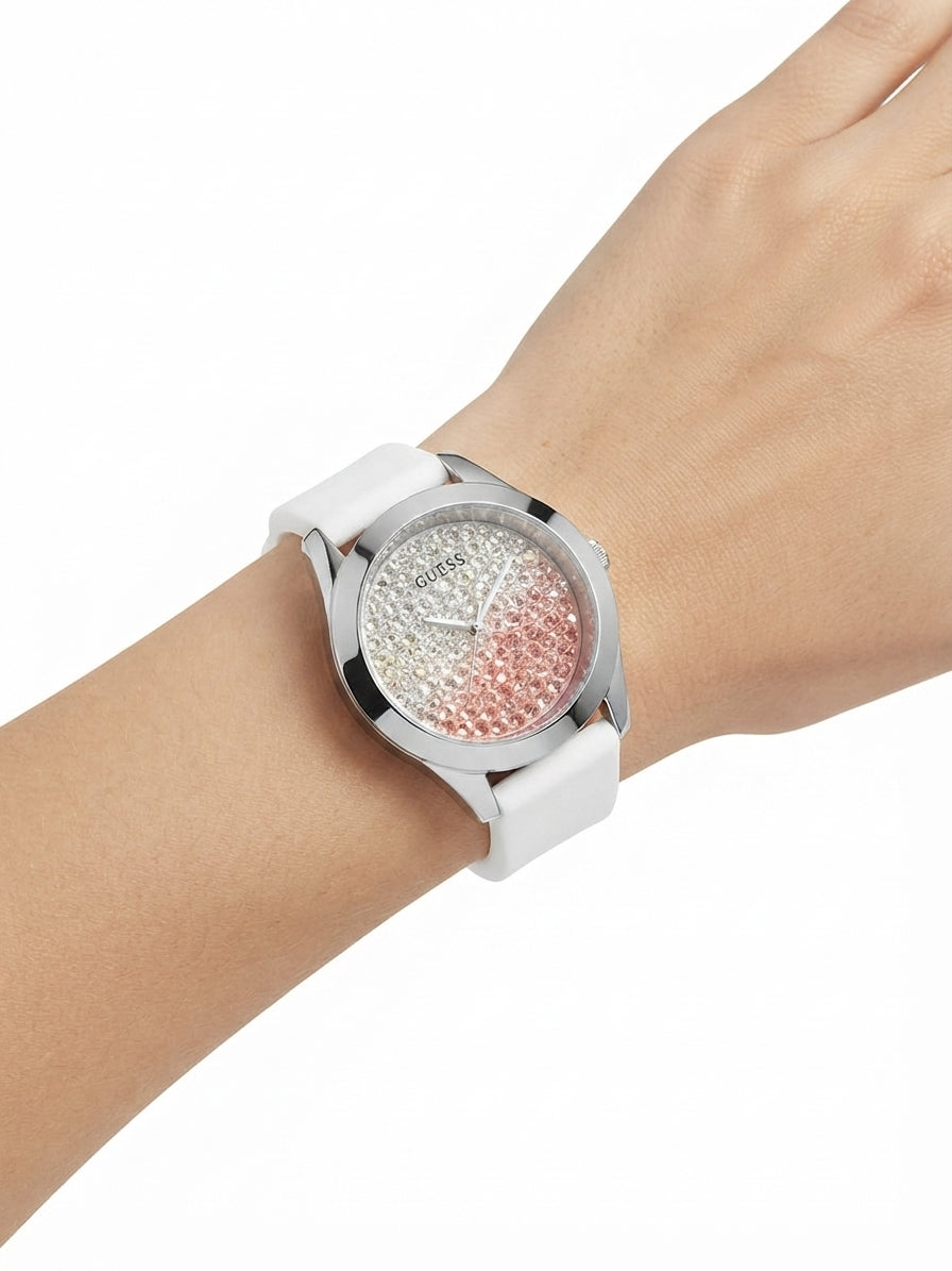 Guess Crystal Embellished White Silicone Watch