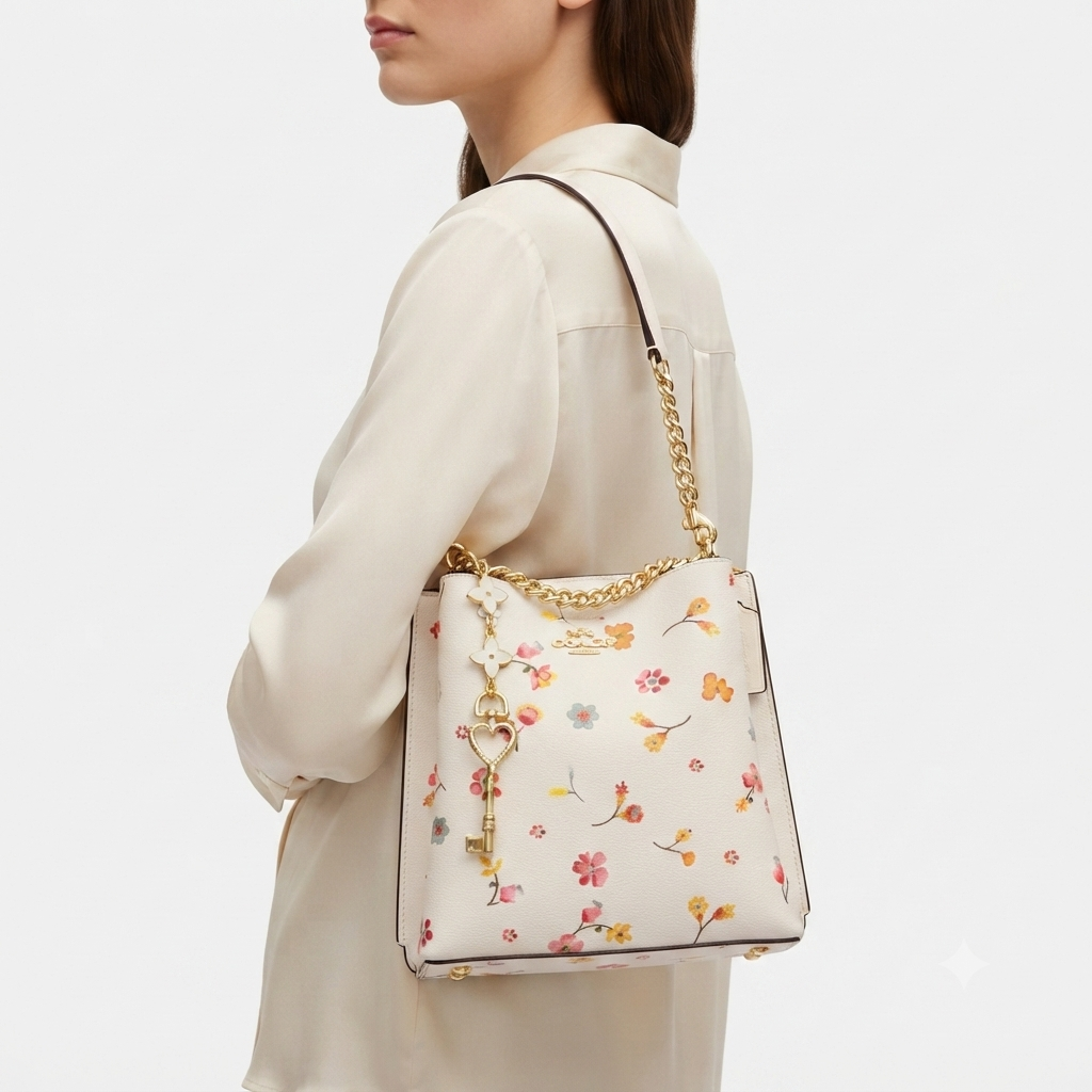 Coach Floral Print Bucket Bag with Gold Tone Charm