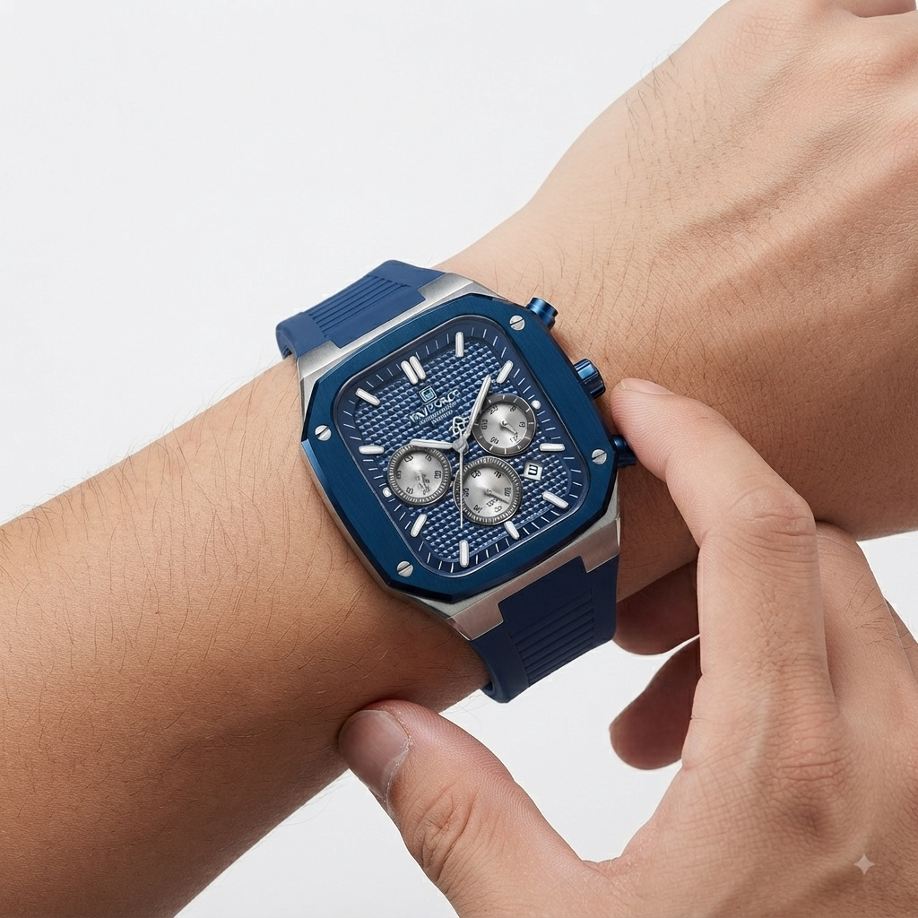 NAVIFORCE Square Chronograph Watch in Deep Blue Silicone