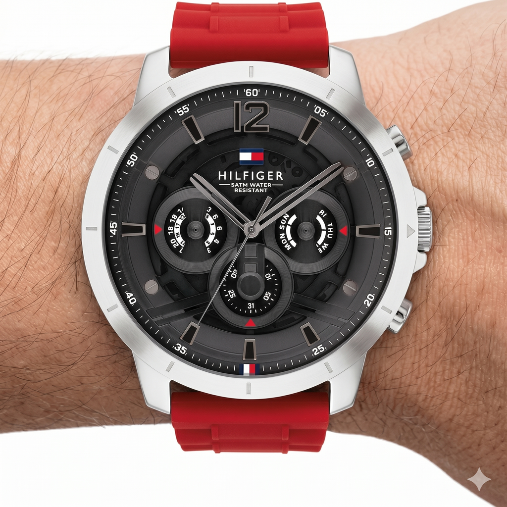 Tommy Hilfiger Red Silicone & Silver-Tone Watch ⌚🔴⚪