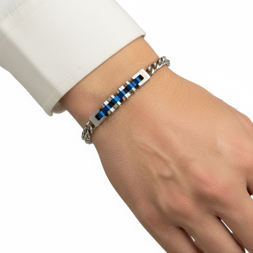 Modern Industrial Two-Tone Stainless Steel Curb Chain Bracelet ⛓️ 💙 ✨