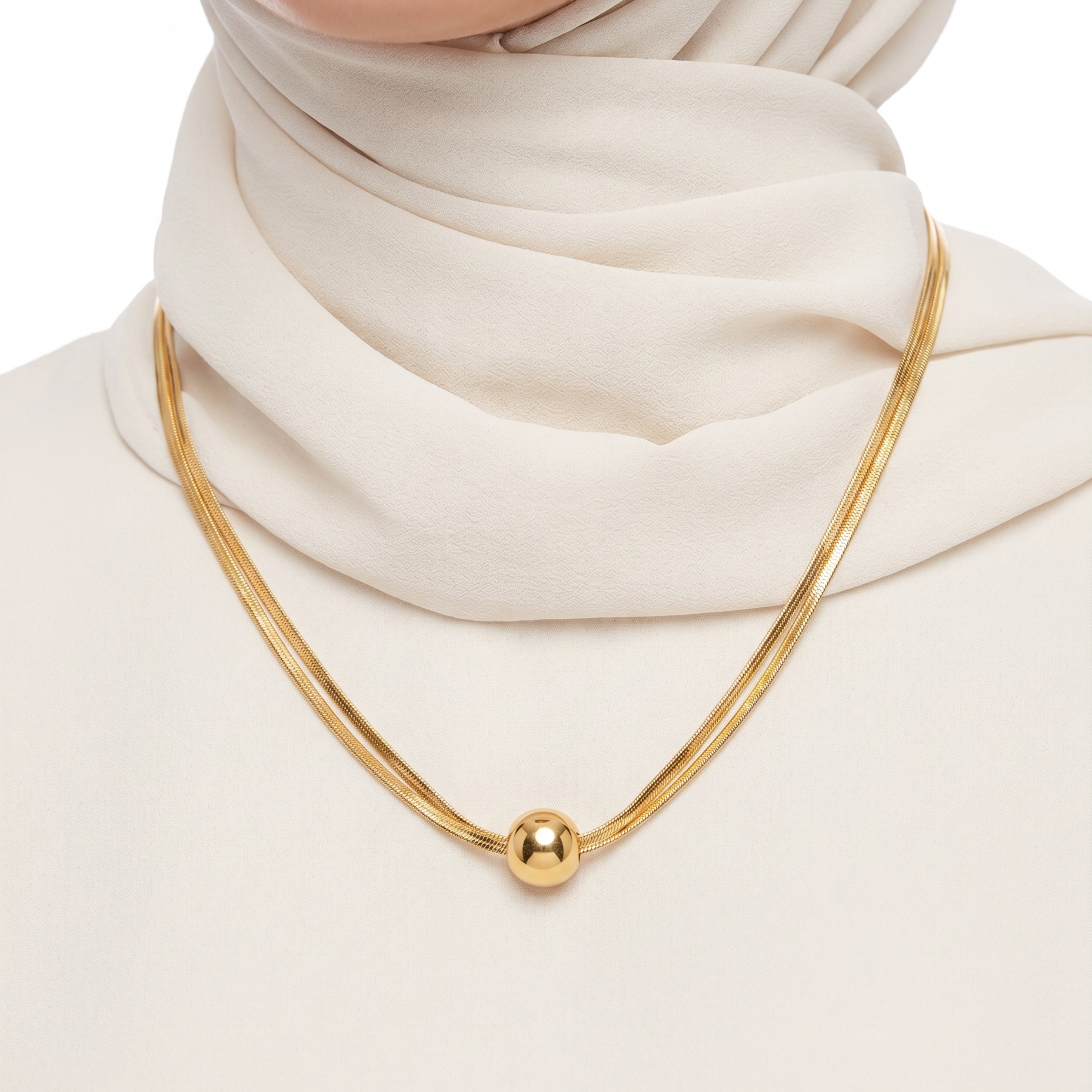 ✨ Double Layer Gold Snake Chain Necklace with Polished Bead Pendant 🟡