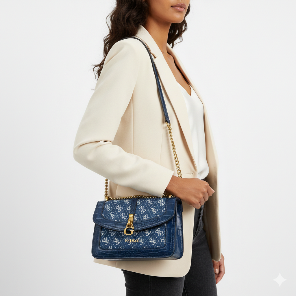 Guess Logo Denim & Croc-Effect Shoulder Bag 👜💙✨