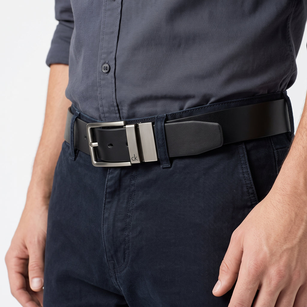 Calvin Klein Signature Black Leather Belt with Silver Tone Buckle