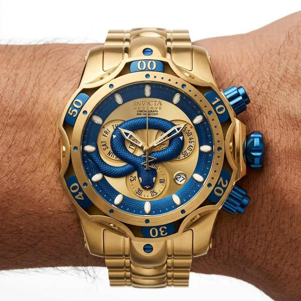 Invicta Reserve Gold and Blue Chronograph Snake Detail Watch