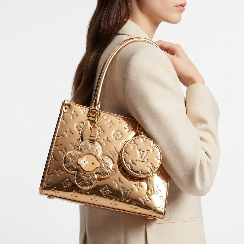 Metallic Gold Monogram Handbag with Flower Charm and Coin Purse
