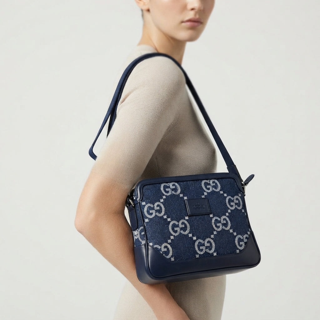 Gucci GG Monogram Denim Messenger Bag in Navy Blue