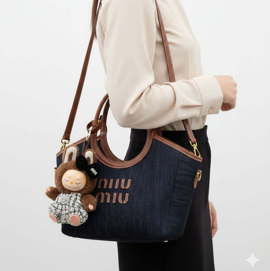 Miu Miu Denim Ivory Stitch Mini Tote Bag with Plush Charm 👜✨💙
