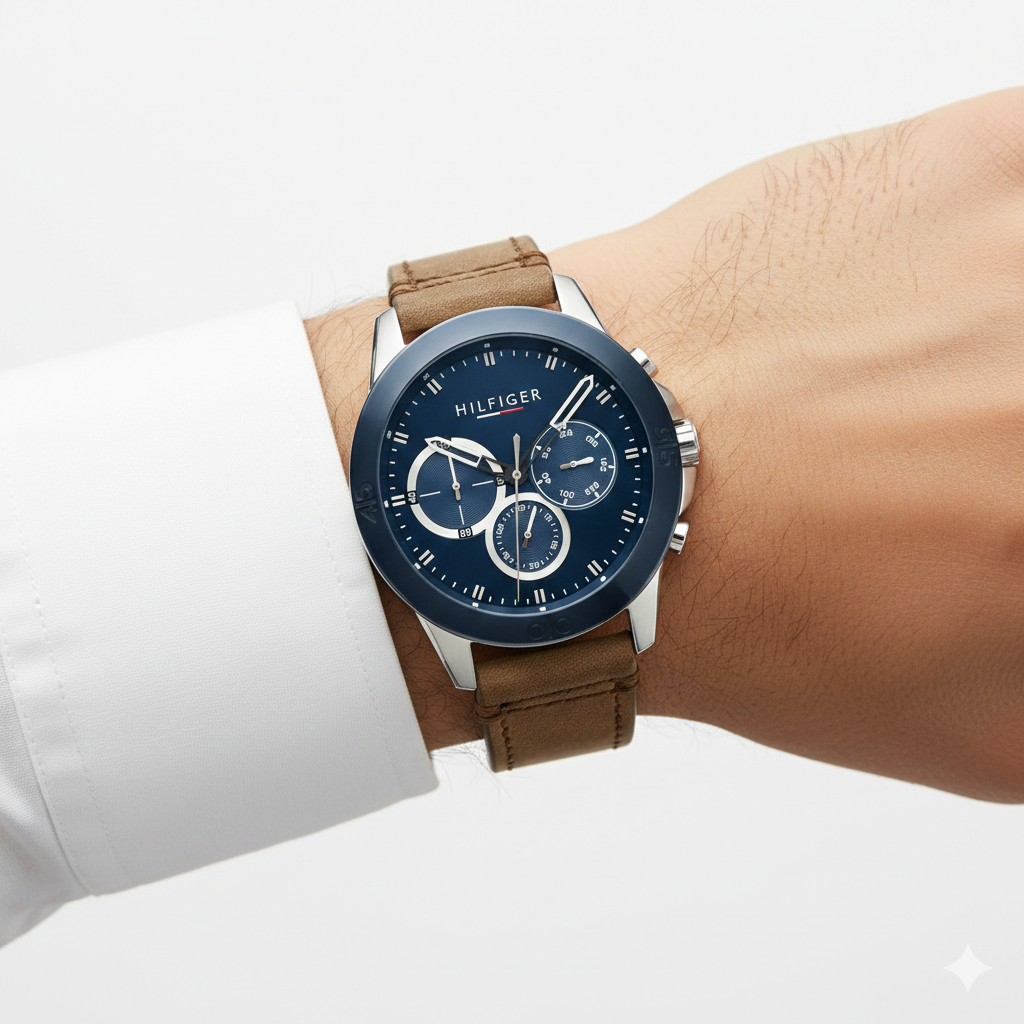 Hilfiger Multi-Dial Navy Chronograph Watch with Suede Leather Strap ⌚️🏙️✨