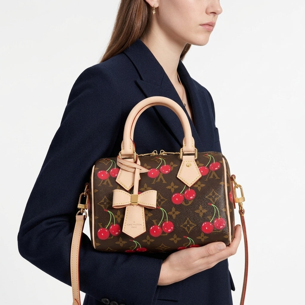 Louis Vuitton Style Cherry Print Satchel with Bow Detail