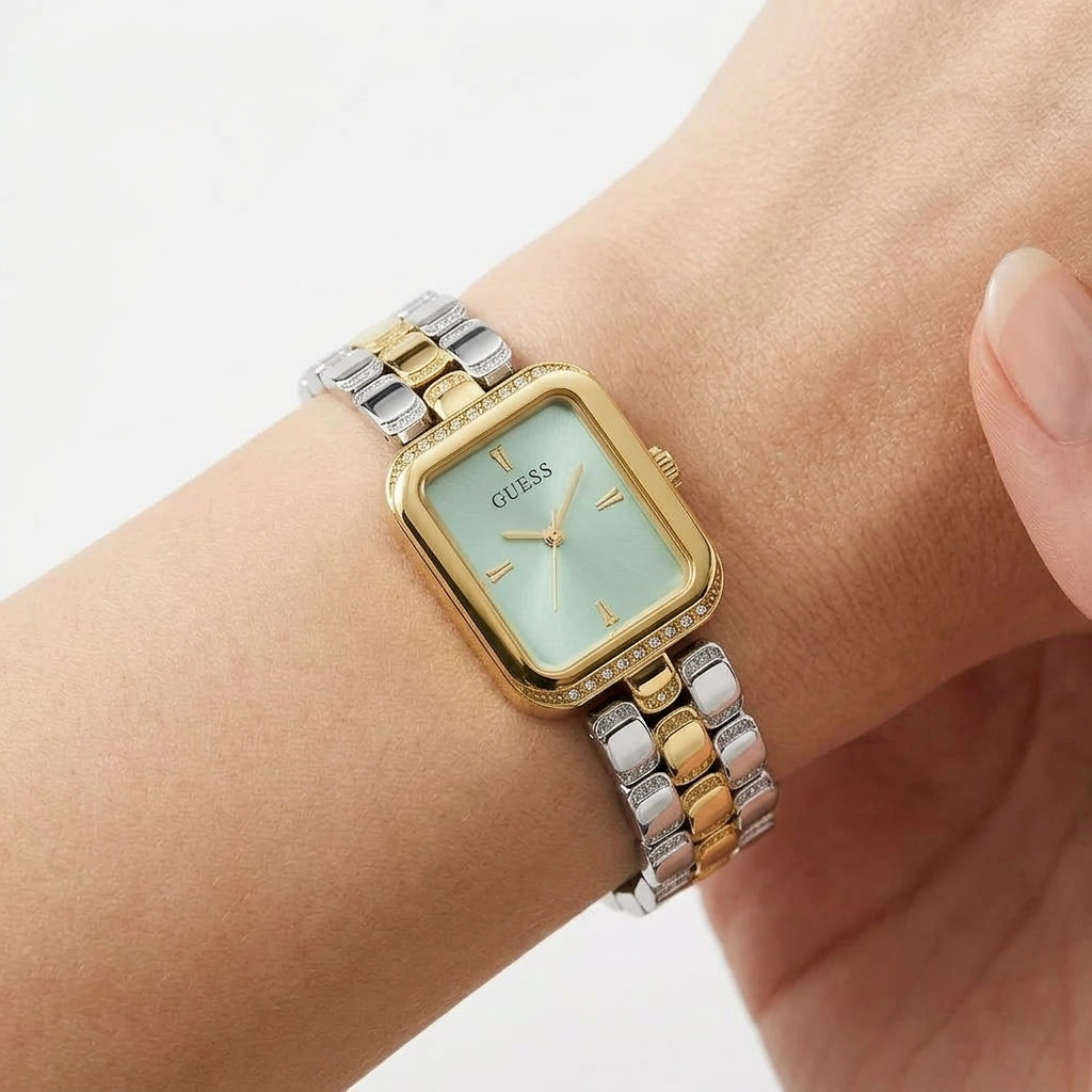 Guess Rectangular Analog Watch with Two-Tone Metallic Link Bracelet