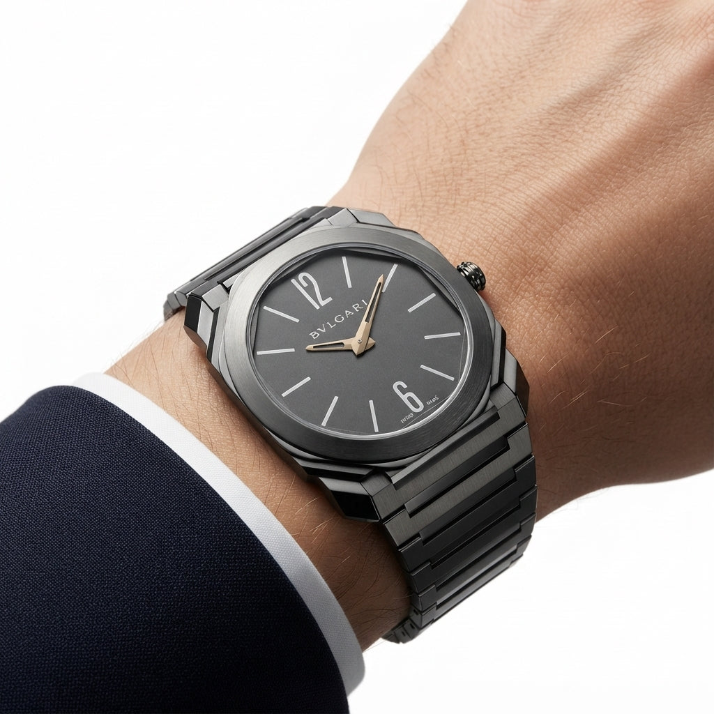 Bvlgari Octo Luxury Metal Link Wristwatch in Sleek Black
