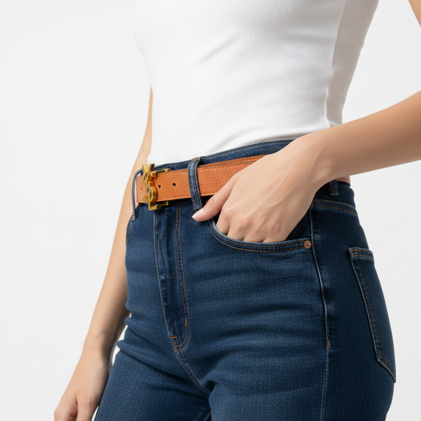 Yves Saint Laurent Monogram Leather Belt in Textured Orange 🍊✨👜