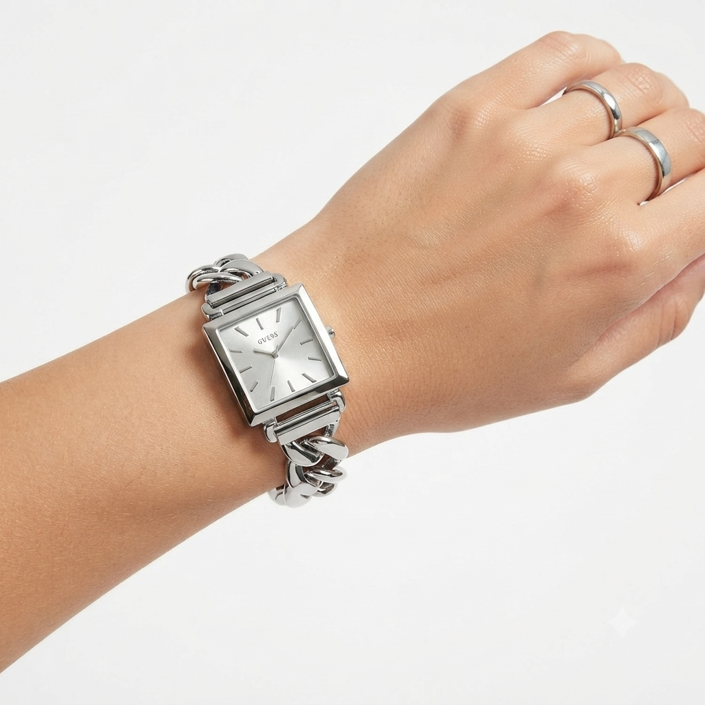 Guess Silver Tone Square Chain Link Watch ⌚✨
