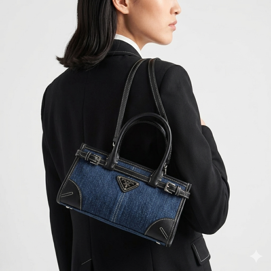 PRADI Denim & Leather Bag 💙🖤 Chic Handbag
