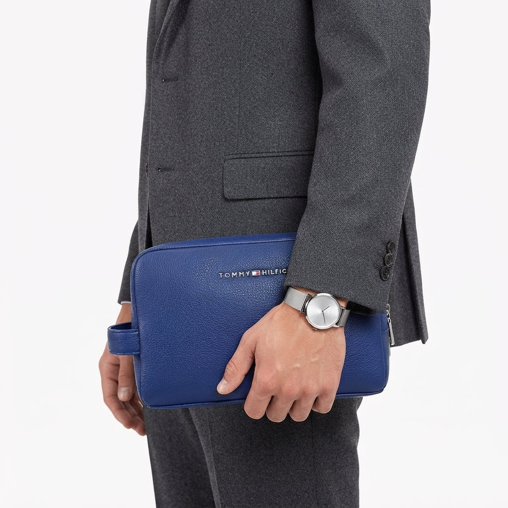 Tommy Hilfiger Textured Blue Pouch with Side Handle