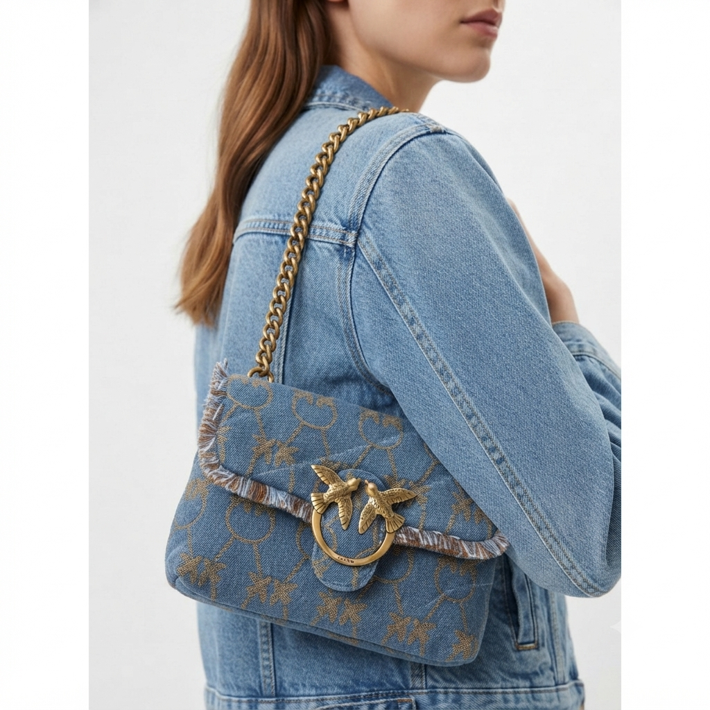 PINKO Denim Shoulder Bag with Gold-Tone Bird Logo 🐦✨